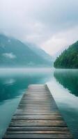 Serene Lake View Misty Mountains, Wooden Pier, and Tranquil Waterscape for a Peaceful Escape into Nature's Beauty photo