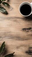 Aromatic Coffee Cup on Rustic Wood A Minimalist Flat Lay with Fresh Leaves, Perfect for Morning Still Life and Beverage Backgrounds with Empty Space photo