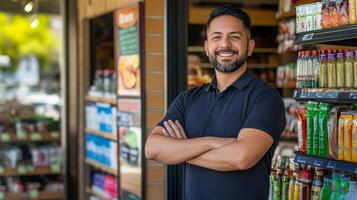 Friendly Grocery Store Owner Smiles Confidently photo
