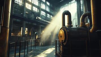 Sunlit Industrial Steam Engine in a Historic Factory photo
