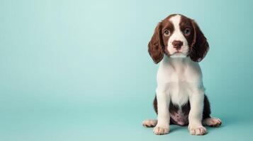Adorable Puppy Portrait Against a Light Blue Background photo