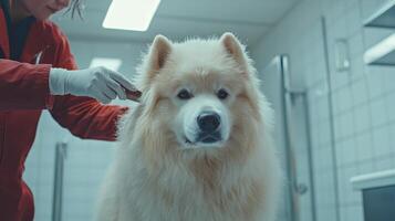 Grooming a Beautiful White Dog photo