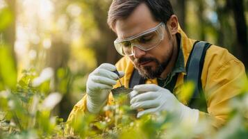 Environmental Scientist Examines Soil Sample in Forest photo
