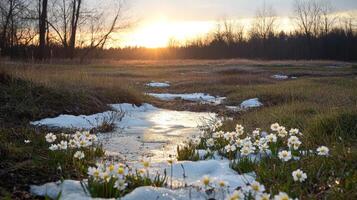 Spring Meadow Sunset with Daisies and Melting Snow photo
