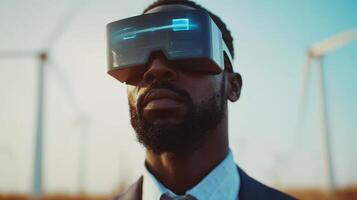 Man wearing VR Headset in a Futuristic Landscape photo