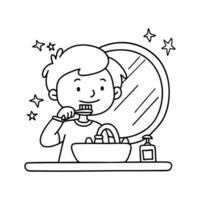 Illustration of a kid brushing teeth in the sink with mirror and toothpaste splatters vector