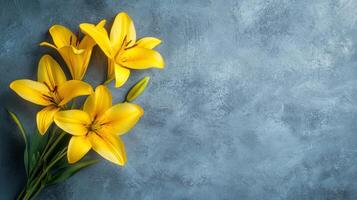 Golden Yellow Lilies on a Textured Canvas Background photo