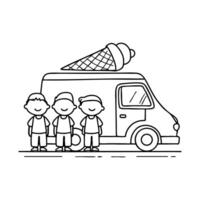 Illustration of kids standing next to of an ice cream truck in a neat queue vector