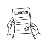 Illustration of a hand holding a letterhead titled Quotation with a checkmark on the corner vector