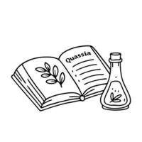 Illustration of a magical book open to a recipe with Quassia written and a bottle beside it vector