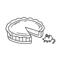 Illustration of a quiche with a missing slice, as a tiny mouse hides nearby vector