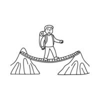Illustration of a adventurer crossing a rope bridge on the mountain vector