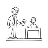 Illustration of a game show host holding a question card, facing a contestant at a podium with buzzer vector