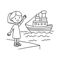 Illustration of a child waving at a ship from the edge of the quay vector