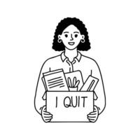 Illustration of a worker with a box labeled I quit filled with office items vector