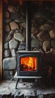 Rustic Stone Fireplace with Warm Fire photo