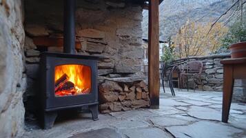 Rustic Outdoor Fireplace with Stone Patio photo