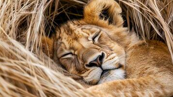 Sleepy Lion Cub in the Savanna Grass photo