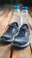 Stylish Running Shoes and Hydration Bottles on Wooden Surface photo