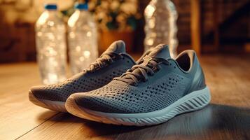 Stylish Running Shoes on Wooden Floor photo