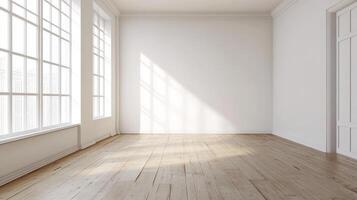 Empty White Room with Wooden Floor and Large Windows photo