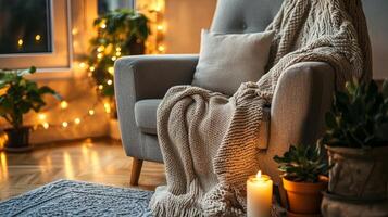 Cozy Living Room with Knitted Blanket and Warm Ambiance photo