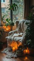 Cozy Reading Nook with Warm Lighting and Plants photo