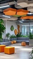 Modern Office Lobby with Vibrant Orange Accents photo