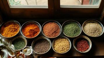 Colorful Spices and Grains in Bowls on a Wooden Windowsill photo