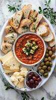 Gourmet Cheese and Olive Platter with Tomato Dip photo