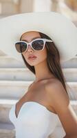 Stunning Woman in White Hat and Sunglasses photo
