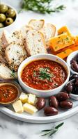 Gourmet Food Platter with Bread, Cheese, Olives and Dips photo