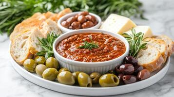 Mediterranean Appetizer Platter with Bruschetta and Olives photo