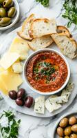 Delicious Italian Appetizer Platter with Cheese and Bread photo
