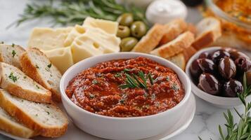 Appetizing Dip with Bread and Olives photo