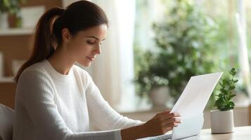Woman Concentrating on Document at Home photo