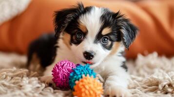 Adorable Puppy Playing with Colorful Toys photo