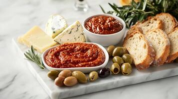 Gourmet Cheese and Olive Board with Tomato Dip photo