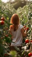 Lady Picking Ripe Tomatoes in a Vibrant Garden photo