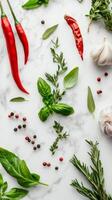 Colorful Culinary Herbs and Spices on Marble photo