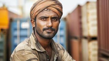 Portrait of a Dedicated Worker in a Busy Warehouse photo