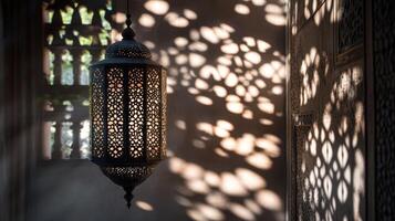 Intricate Arabic Lantern Illuminates a Historical Interior photo