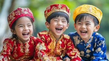 Three Children in Traditional Attire, Filled with Joy photo