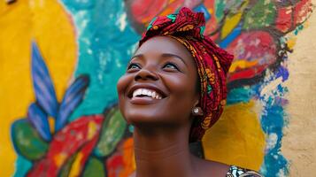Radiant Woman in Vibrant Headwrap, Celebrating Joyful Expression photo