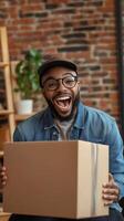 Excited Man Holding a Gift-Filled Cardboard Box photo