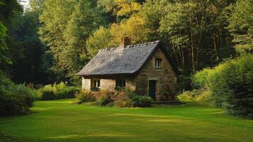Rustic Stone Cottage in a Serene Forest Setting photo