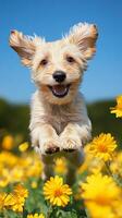 Joyful Puppy Leaping Amidst Yellow Flowers photo