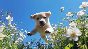 Playful Puppy Bounding in a Meadow of Flowers photo