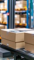 Organized Warehouse with Cardboard Boxes on Conveyor Belt photo