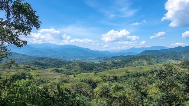 Breathtaking Mountain View with Terraced Rice Fields photo